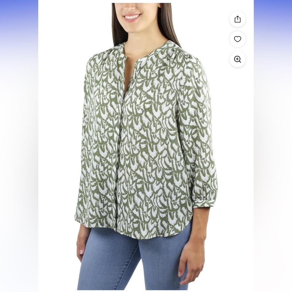 Jach's Green & Cream Elbow Length Sleeves Hidden Button Closure Dressy Blouse S